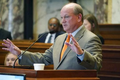 Senate Judiciary A Committee Chairman Brice Wiggins, R-Pascagoula, responds to a question about legislation that would expand the roles for state police and appointed judges inside the majority-Black and Democratic-led capital city of Jackson, during floor debate, Tuesday, March 7, 2023, at the Mississippi Capitol in Jackson. The majority-white and Republican-led Mississippi Senate passed the bill which now advances to the House. (AP Photo/Rogelio V. Solis)