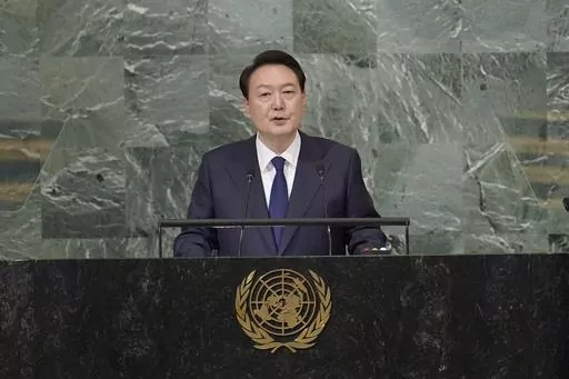 South Korean President Yoon Suk Yeol addresses the 77th session of the United Nations General Assembly on Sept. 20, 2022 at U.N. headquarters. South Korea’s President Yoon said the international community “will unite more tightly” to cope with deepening military cooperation between Russia and North Korea, as he pushes to raise the issue with world leaders at the U.N. General Assembly this week.(AP Photo/Mary Altaffer, File)