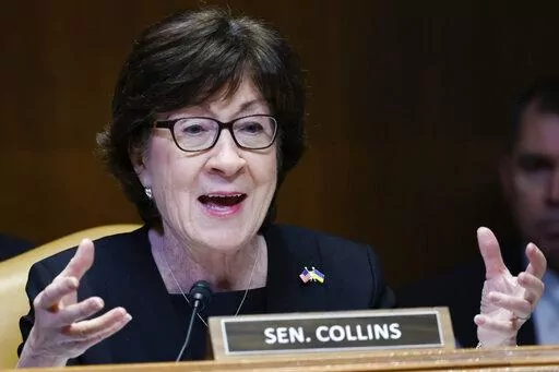 Sen. Susan Collins, R-Maine, speaks during hearing on the fiscal year 2023 budget for the FBI in Washington, May 25, 2022. A bipartisan group of senators, including Collins, released proposed changes July 20, to the Electoral Count Act, the post-Civil War-era law for certifying presidential elections that came under intense scrutiny after the Jan. 6 attack on the Capitol and Donald Trump's effort to overturn the 2020 election. (Ting Shen/Pool Photo via AP, File)