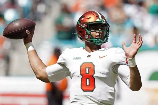 Florida A&M quarterback Jeremy Moussa (8) stands back to pass during the first half of the Orange Blossom Classic NCAA college football game against Florida A&M, Sunday, Sept. 4, 2022, in Miami Gardens, Fla. The heir apparent to ex-Jackson State star Shedeur Sanders as the league's top passer. Moussa passed for 2,732 yards and 21 touchdowns with 10 interceptions last season. He's the preseason first-team All-SWAC QB. (AP Photo/Lynne Sladky, File)