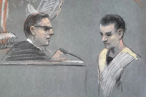 This artist depiction shows Massachusetts Air National Guardsman Jack Teixeira, right, appearing in U.S. District Court in Boston, April 14, 2023. Teixeira has been indicted on federal felony charges. The Justice Department says Teixeira faces six counts in the indictment of willful retention and transmission of national defense information. (Margaret Small via AP, File)