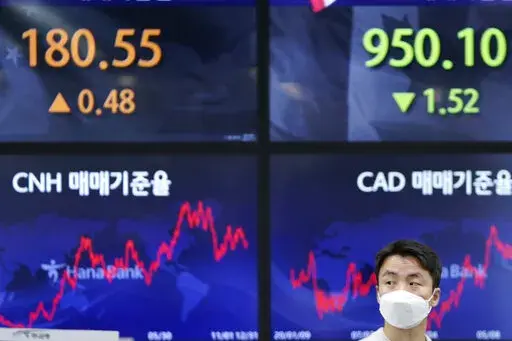 A currency trader walks near the screens showing the foreign exchange rates at a foreign exchange dealing room in Seoul, South Korea, Friday, Jan. 14, 2022. Asian shares slipped Friday after a retreat on Wall Street that left the Nasdaq composite down 2.5%.(AP Photo/Lee Jin-man)