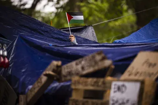 A protestor waves a Palestinian flag at the University of New Mexico Palestine solidarity encampment in Albuquerque, N.M., on May 14, 2024. (Chancey Bush/The Albuquerque Journal via AP, File)