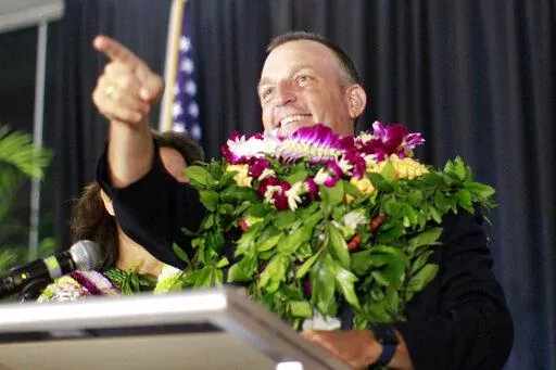 Democratic gubernatorial candidate Josh Green speaks at his campaign headquarters inside the Modern Hotel on Saturday, Aug. 13, 2022, in Honolulu. Lt. Gov. Green is the Democratic Party’s candidate to be Hawaii’s next governor. Green defeated U.S. Rep. Kaiali’i Kahele and former Hawaii first lady Vicky Cayetano in Saturday’s primary election.  (Jamm Aquino/Honolulu Star-Advertiser via AP)
