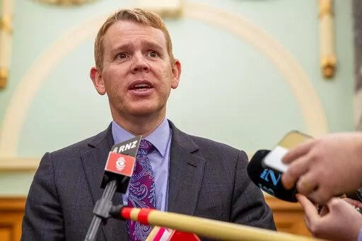 New Zealand Police Minister Chris Hipkins during his press conference at Parliament, Wellington, New Zealand, Thursday, June 30, 2022. New Zealand's government has declared that American far-right groups the Proud Boys and The Base are terrorist organizations. (Mark Mitchell/New Zealand Herald via AP)