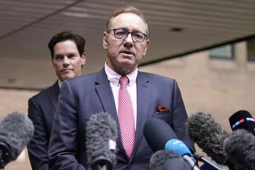 Actor Kevin Spacey addresses the media outside Southwark Crown Court in London, Wednesday, July 26, 2023. Spacey, the Oscar-winning actor, has denied new allegations of inappropriate behavior from men who will feature in a documentary on British television that is due to be released on May, 6-7, 2024. (AP Photo/Alberto Pezzali, File)
