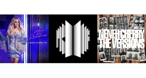 This combination of photos shows cover art for, from left, "Denim & Rhinestones," by Carrie Underwood, "Proof," a three-disc anthology album by BTS, and “The Versions” by Neneh Cherry. (Universal Music Group Nashville/Big Hit/Republic Records via AP)