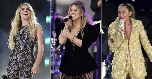 This combination of photos shows Kelsea Ballerini during CMA Fest 2022 in Nashville, Tenn., on June 10, 2022, left, Kelly Clarkson performing on NBC's "Today" show in New York on Sept. 22, 2023, center, and Miley Cyrus performing at the 61st annual Grammy Awards in Los Angeles on Feb. 10, 2019. Cyrus’ “Endless Summer Vacation” is up for album of the year and best pop vocal album. The single “Flowers” is nominated for three Grammy awards. Kelly Clarkson’s “Chemistry” is up for bes