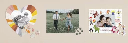 This combination of images shows a variety of personalized puzzles offered by Minted. There are square and heart-shaped layouts, and you can pick black & white or color reproductions. It’s a nice way to celebrate family moments. (Minted via AP)