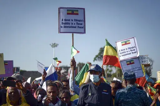 Ethiopians protest against what they say is interference by outsiders in the country's internal affairs and against the Tigray People's Liberation Front (TPLF), the party of Tigray's fugitive leaders, at a rally organized by the city administration in the capital Addis Ababa, Ethiopia Saturday, Oct. 22, 2022. A South Africa government spokesman says African Union-led peace talks to end Ethiopia's Tigray conflict have begun in South Africa on Tuesday, Oct. 25, 2022. (AP Photo, File)