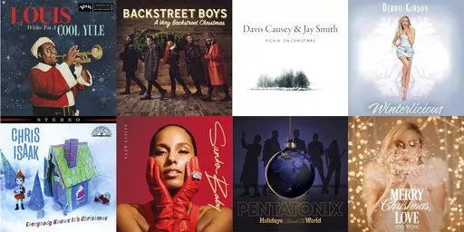 This combination of album cover images shows, top row from left, “Louis Wishes You a Cool Yule” by Louis Armstrong, “A Very Backstreet Christmas" by the Backstreet Boys, “Pickin’ On Christmas,” Davis Causey & Jay Smith, “Winterlicious” by Debbie Gibson, bottom row from left, “Everybody Knows It’s Christmas,” by Chris Isaak, “Santa Baby” by Alicia Keys, “Holidays Around the World” by Pentatonix and "Merry Christmas, Love" by Joss Stone. (Verve, BMG, Strolling Bones R