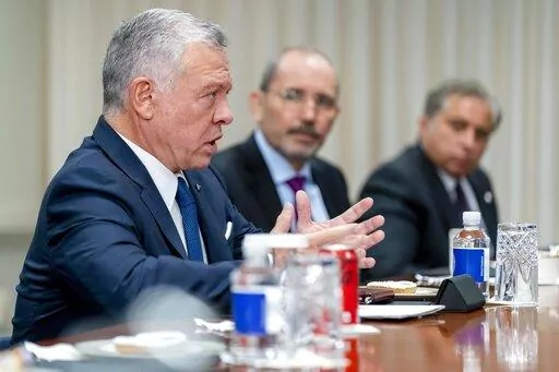 Jordan's King Abdullah II bin Al-Hussein speaks during a meeting with Secretary of Defense Lloyd Austin at the Pentagon in Washington, Thursday, May 12, 2022. (AP Photo/Andrew Harnik)