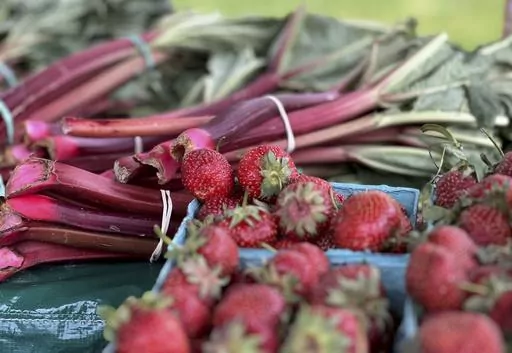 This June 3, 2023, image provided by Jessica Damiano shows farm-fresh strawberries and rhubarb for sale in Glen Cove, N.Y. (Jessica Damiano via AP)