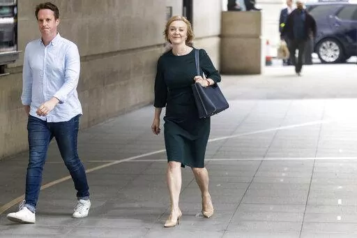 Liz Truss arrives at BBC Broadcasting House in London, to appear on the BBC One current affairs programme, Sunday with Laura Kuenssberg, Sunday Sept. 4, 2022. (James Manning/PA via AP)