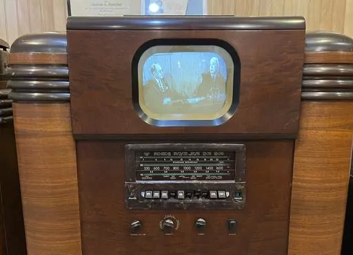An RCA TRK-9, first introduced at the 1939 World’s Fair in New York, appears among the collection of televisions at the Early Television Museum in Hilliard, Ohio on June 4, 2023. The museum features a large collection of televisions from the 1920s and 1930s. The RCA TRK-9 cost $450 at the time and included an AM radio and short-wave radio. (Steve Wartenberg via AP)