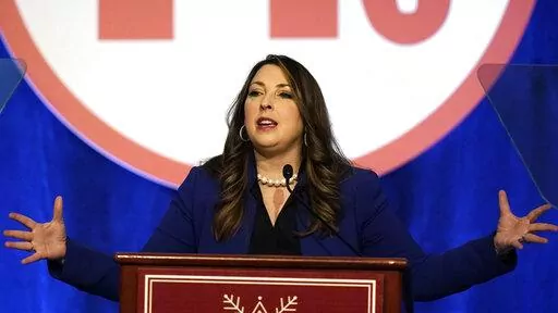 Ronna McDaniel, the GOP chairwoman, speaks during the Republican National Committee winter meeting Friday, Feb. 4, 2022, in Salt Lake City. Republican Party officials voted to punish GOP Reps. Liz Cheney and Adam Kinzinger for their roles on the House committee investigating the Jan. 6 insurrection and advanced a rule change that would prohibit candidates from participating in debates organized by the Commission on Presidential Debates. (AP Photo/Rick Bowmer)