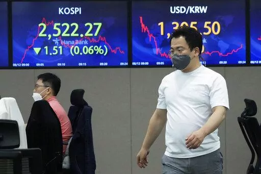 A currency trader passes by screens showing the Korea Composite Stock Price Index (KOSPI), left, and the exchange rate of South Korean won against the U.S. dollar at the foreign exchange dealing room of the KEB Hana Bank headquarters in Seoul, South Korea, Friday, Aug. 12, 2022. Shares were mixed Friday in Asia after a muddled day on Wall Street, where benchmarks meandered following another encouraging report about inflation. (AP Photo/Ahn Young-joon)