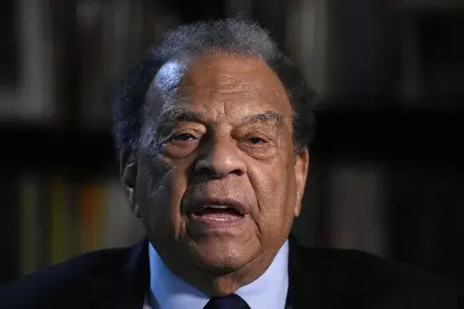 Civil Rights icon Andrew Young speaks during an interview with The Associated Press, Aug. 16, 2023, in Atlanta. The life, achievements and contributions of Young, the first African-American U.S. ambassador to the United Nations and an invaluable aide to the Rev. Dr. Martin Luther King Jr., go on display Tuesday, June 25, 2024, at the University of Mississippi. (AP Photo/Brynn Anderson, File)