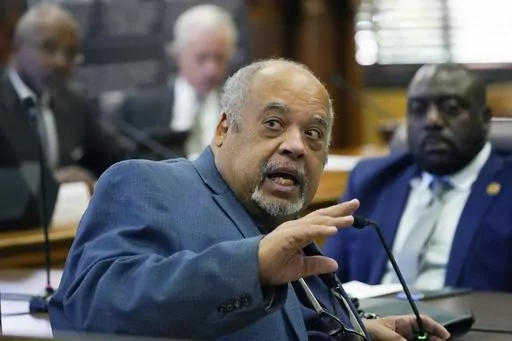 Mississippi state Rep. Earle Banks, D-Jackson, asks a question at the Mississippi state Capitol in Jackson, Miss., Oct. 18, 2022. Banks and nine other white lawmakers have been chosen Tuesday, March 21, 2023, to negotiate final versions of bills that could expand the territory of a state-run police department inside Mississippi's majority-Black capital city. (AP Photo/Rogelio V. Solis, File)