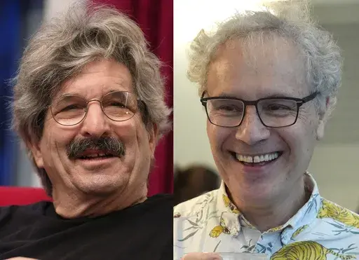 This photo combo shows 2024 Nobel Prize winners in physiology or medicine Gary Ruvkun, American molecular biologist, left, and Victor Ambros, professor of natural science at the University of Massachusetts Medical School, Monday, Oct. 7, 2024, in Newton, Mass. (AP Photo/Steven Senne)