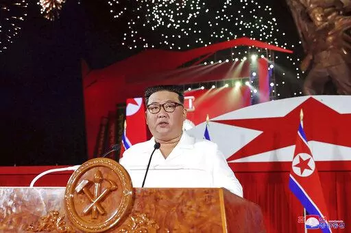 In this photo provided by the North Korean government, North Korean leader Kim Jong Un delivers his speech during a ceremony to mark the 69th anniversary of the signing of the ceasefire armistice that ends the fighting in the Korean War, in Pyongyang, North Korea Wednesday, July 27, 2022. Independent journalists were not given access to cover the event depicted in this image distributed by the North Korean government. The content of this image is as provided and cannot be independently verified.