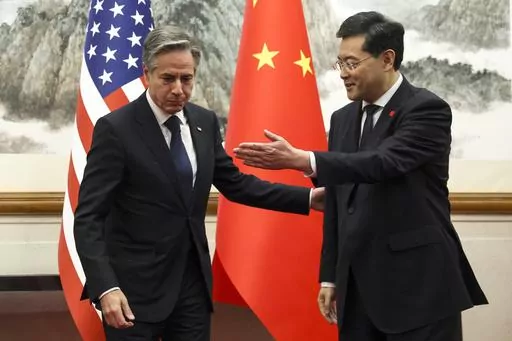 U.S. Secretary of State Antony Blinken, left, meets with Chinese Foreign Minister Qin Gang, right, at the Diaoyutai State Guesthouse in Beijing, China, on June 18, 2023. China has removed outspoken foreign minister Qin Gang from office and replaced him with his predecessor, Wang Yi. In an announcement on Tuesday, July 25, 2023, state media gave no reason for Qin’s removal, but it comes after he dropped out of sight almost one month ago amid speculation over his personal affairs and political r