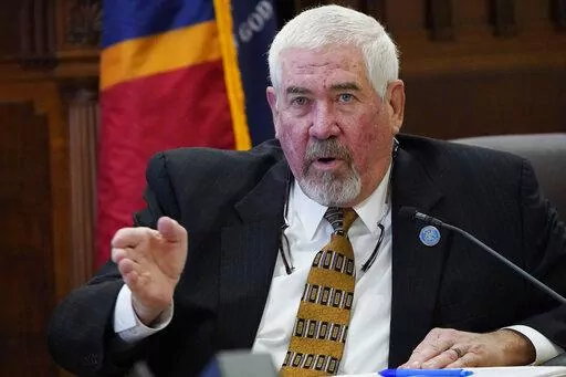 Sen. Kevin Blackwell, R-Southaven, lead negotiator, outlines the various sections of the Mississippi Medical Cannabis Act to members of the Senate Public Health and Welfare Committee at the Mississippi State Capitol in Jackson, Miss., Wednesday, Jan. 12, 2022. (AP Photo/Rogelio V. Solis)