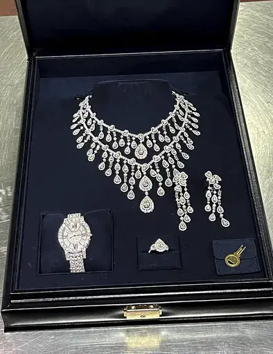This photo provided by Brazil's Federal Revenue Department shows jewelry, part of an investigation into gifts received by ex-President Jair Bolsonaro during his term, seized by customs authorities at Guarulhos International Airport in Sao Paulo, Brazil, the week of March 24, 2023. Brazilian police indicted Bolsonaro on Thursday, July 4, 2024, for money laundering and criminal association, sources say. (Brazil's Federal Revenue Department via AP, File)