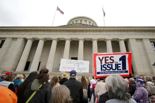 Supporters of Issue 1 attend a rally for the Right to Reproductive Freedom amendment held by Ohioans United for Reproductive Rights at the Ohio State House in Columbus, Ohio, Oct. 8, 2023. (AP Photo/Joe Maiorana, File)
