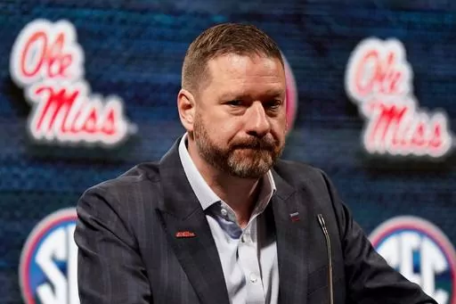 Mississippi NCAA college basketball head coach Chris Beard speaks during Southeastern Conference Media Days, Wednesday, Oct. 18, 2023, in Birmingham, Ala. (AP Photo/Mike Stewart)