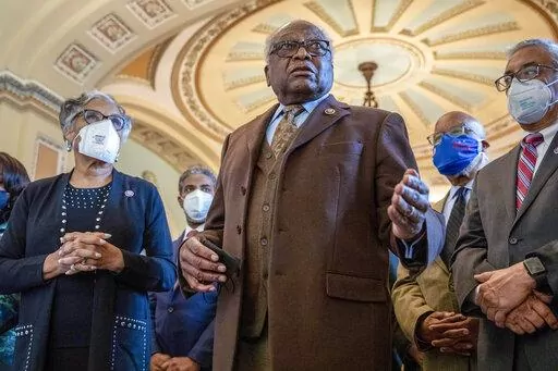 From left, Rep. Joyce Beatty, D-Ohio, Rep. Steven Horsford, D-Nev. House Majority Whip Jim Clyburn, D-S.C., Rep. Bennie Thompson, D-Miss., and Rep. Bobby Scott, D-Va., alongside other members of the Congressional Black Caucus, speak in front of the Senate chamber about their support of voting rights legislation at the Capitol in Washington, Jan. 19, 2022. As the lobbying begins over filling the open court seat of retiring Justice Stephen Breyer, Clyburn is harnessing his history with President J