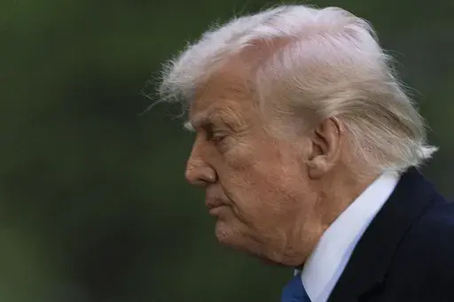 President Donald Trump arrives at the White House on Marine One, Sunday, April 6, 2025, in Washington. (AP Photo/Manuel Balce Ceneta)