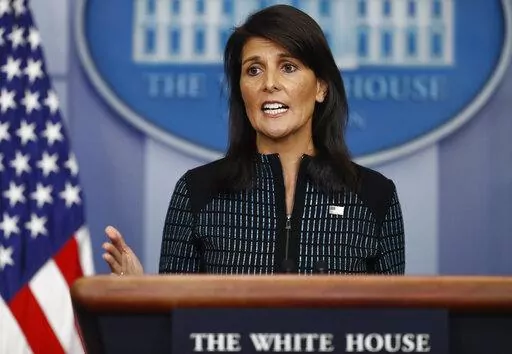 U.S. Ambassador to the United Nations Nikki Haley speaks during a news briefing at the White House, in Washington, Sept. 15, 2017. Haley, the former South Carolina governor and United Nations ambassador, announced her candidacy for president on Tuesday, becoming the first major challenger to former President Donald Trump for the 2024 Republican nomination. (AP Photo/Carolyn Kaster, File)