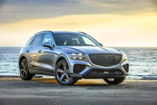 This photo provided by Hyundai shows the 2022 Genesis GV70, the company's first compact luxury SUV. (Courtesy of Hyundai Motor America via AP)