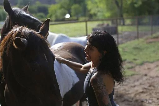Joanne Cacciatore brushes horse Chemakoh at the Selah Carefarm in Cornville, Ariz., Oct. 4, 2022. Everyone has their favorite here, but horses may be the stars. Cacciatore believes they may even be more powerful than the counselors on site. Many tell of moving moments with a horse pressed their head to a grieving heart or lowered their face to the earth beneath them as they cried. "There's a resonance. There's a symbiosis," Cacciatore says. "It's hard to put to words, but it happens. I witness i