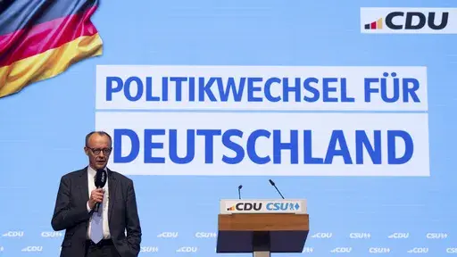 Friedrich Merz, CDU Federal Chairman and Union candidate for Chancellor, speaks at the joint CSU and CDU campaign closing for the Bundestag elections, in Munich, Germany, Saturday, Feb. 22, 2025. (Sven Hoppe/dpa via AP)