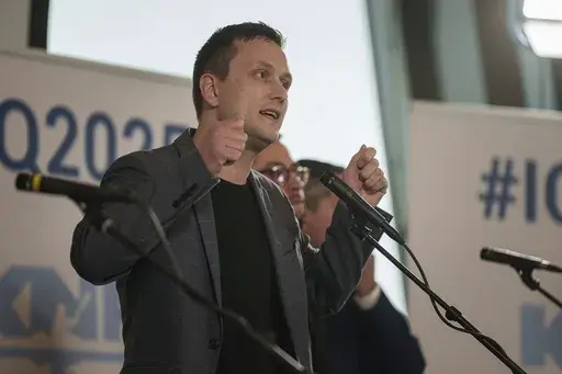 Jens-Frederik Nielsen, leader of the Demokraatit party participates a TV debates before the upcoming elections in Nuuk, Greenland, March 8, 2025. (AP Photo/Evgeniy Maloletka)